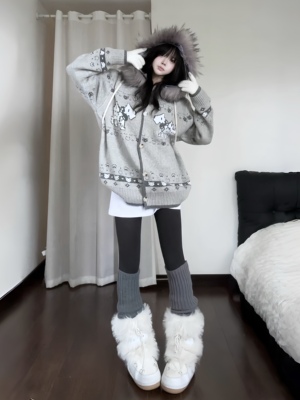 咖喱人费尔岛小狗毛领连帽针织开衫女秋冬新款宽松慵懒风毛衣外套