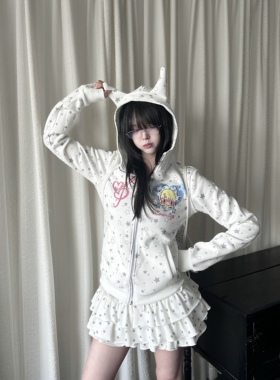 咖喱人春季复古甜酷亚萌小耳朵星星卫衣外套短连帽少女上衣y2k