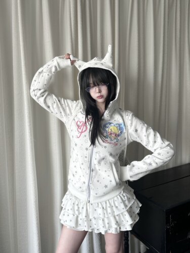 咖喱人春季复古甜酷亚萌小耳朵星星卫衣外套短连帽少女上衣y2k
