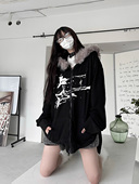 咖喱人冬新款 原创吉他涂鸦毛毛连帽兔耳卫衣厚外套宽松街头男女潮