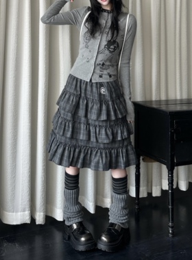 咖喱人春季新款日系复古格子层次感荷叶边蛋糕裙女亚萌Y2K半身裙