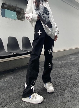 Takeoff咖喱人高街美式vibe风微喇十字架宽松牛仔裤显瘦嘻哈男女