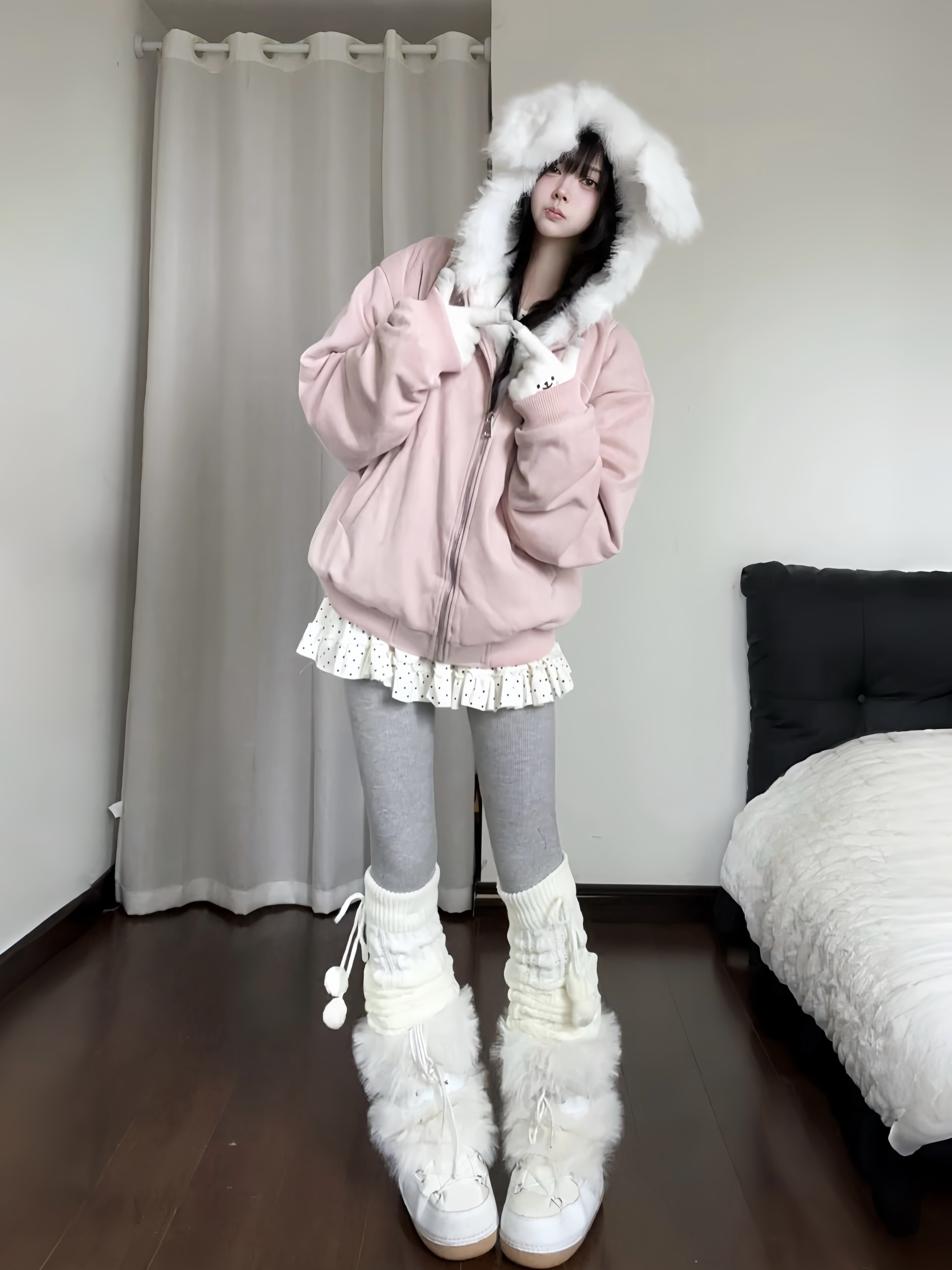 咖喱人美式复古连帽兔耳朵保暖毛领外套女麂皮绒仿羊羔毛棉服潮