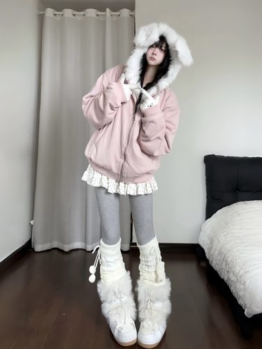 咖喱人美式复古连帽兔耳朵保暖毛领外套女麂皮绒仿羊羔毛棉服潮