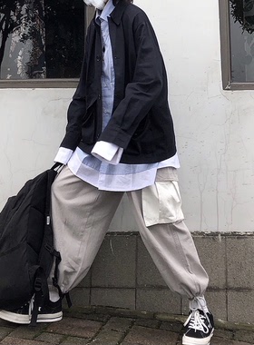 Take off咖喱人/白色束脚宽松工装裤拼接大口袋栓绳裤链灯笼直筒