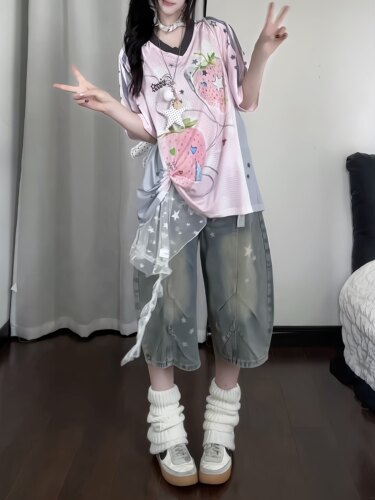 咖喱人美式复古星星印花七分牛仔裤女夏季宽松显瘦直筒短裤潮