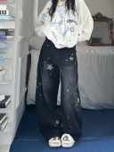 宽松阔腿慵懒拖地裤 星星印花弯刀牛仔裤 设计男女 美式 咖喱人秋新款