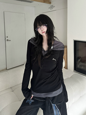 咖喱人美式复古条纹拼接polo领长袖假两件上衣女辣妹显瘦打底衫