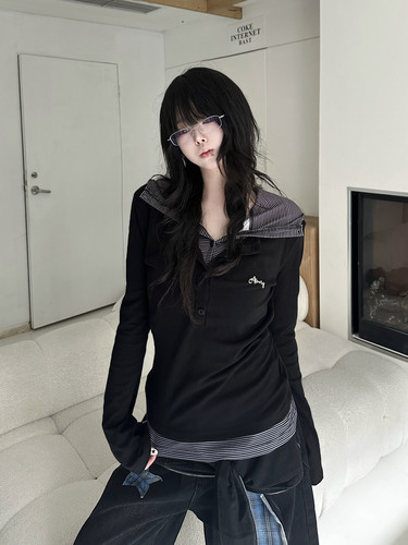 咖喱人美式复古条纹拼接polo领长袖假两件上衣女辣妹显瘦打底衫