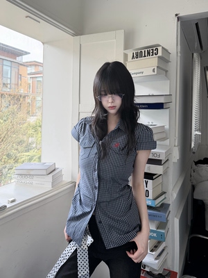 Galiren 复古收腰显瘦格子衬衫女夏季设计感小众宽松休闲百搭上衣