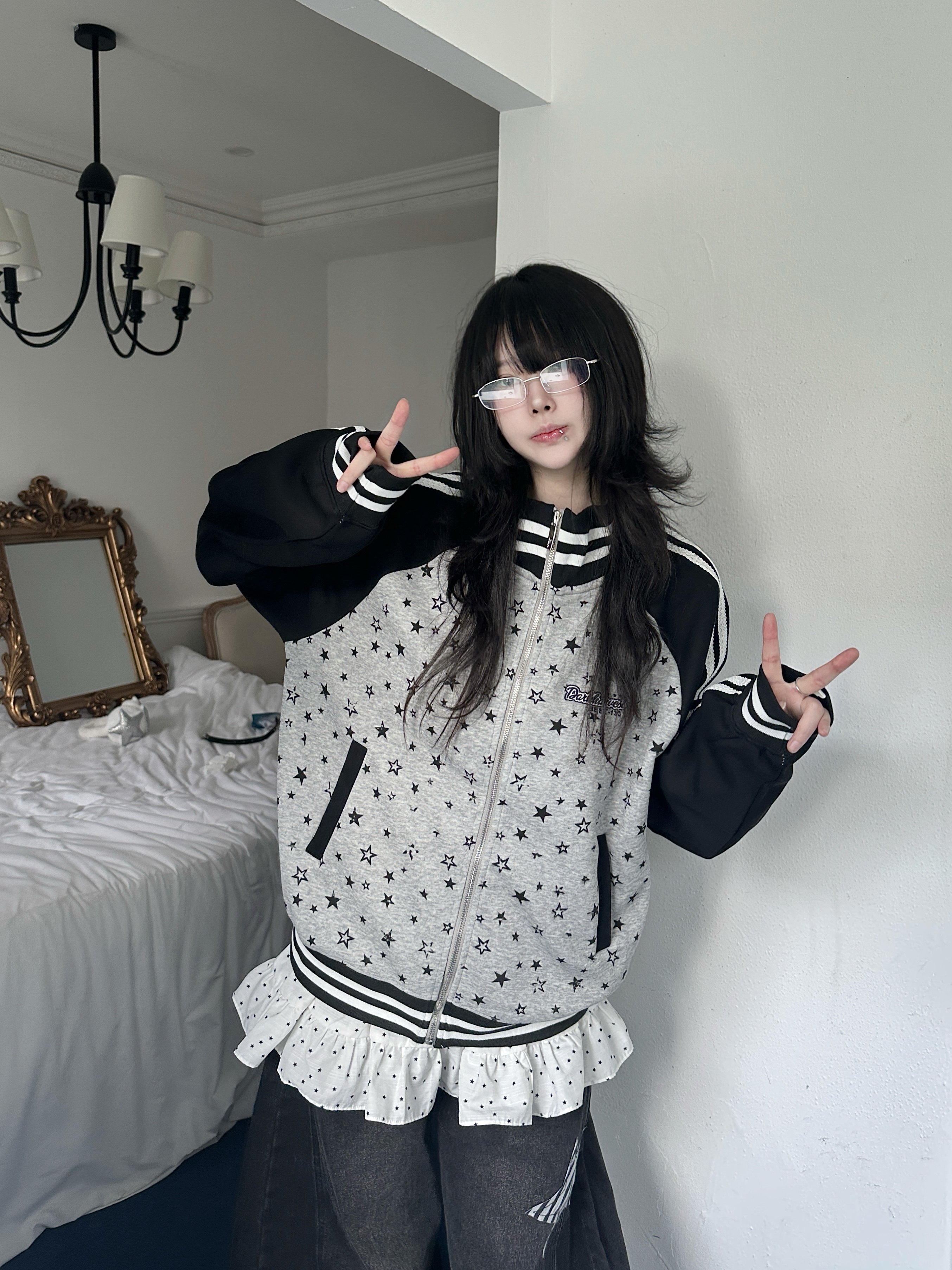 咖喱人秋季新款星星印花拼接撞色棒球服外套女宽松百搭夹克上衣潮