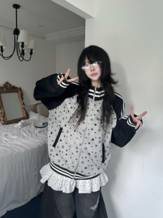 咖喱人秋季新款星星印花拼接撞色棒球服外套女宽松百搭夹克上衣潮