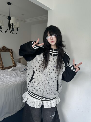 咖喱人秋季新款星星印花拼接撞色棒球服外套女宽松百搭夹克上衣潮