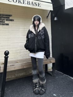 咖喱人美式复古麂皮绒加棉毛领熊耳外套烫钻星星座山雕棉服潮男女