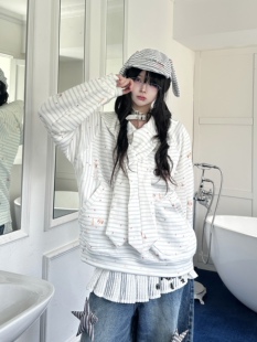 咖喱人秋季新款条纹绑带小狗套头卫衣女宽松慵懒风可爱外套上衣潮