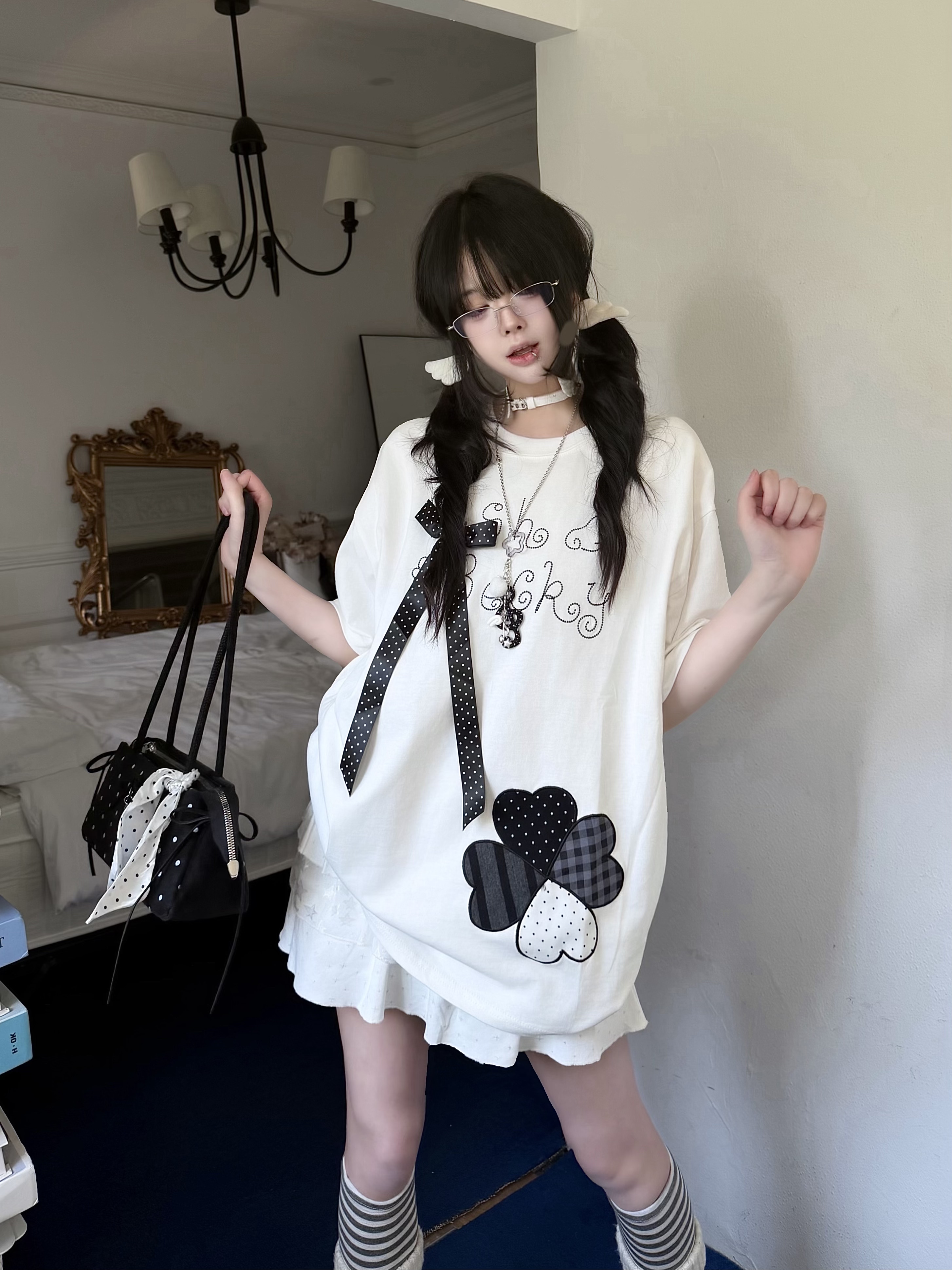 咖喱人夏季甜美格雷系波点刺绣蝴蝶结可爱少女宽松短袖T上衣休闲