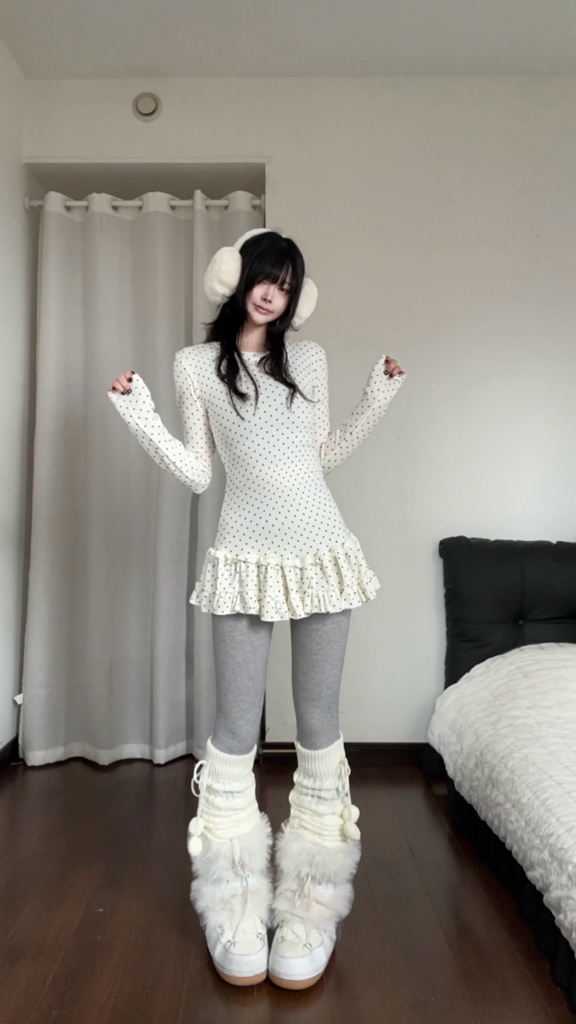 咖喱人美式复古波点裙摆叠穿长袖t恤女2025秋冬新款百搭休闲上衣