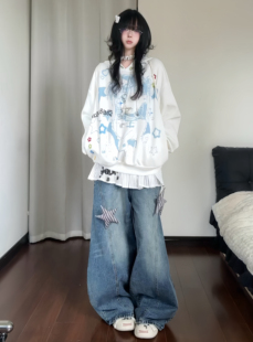 咖喱人美式复古卡通少女翅膀连帽宽松卫衣上衣动漫印花y2k慵懒秋