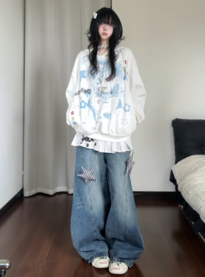 咖喱人美式复古卡通少女翅膀连帽宽松卫衣上衣动漫印花y2k慵懒秋