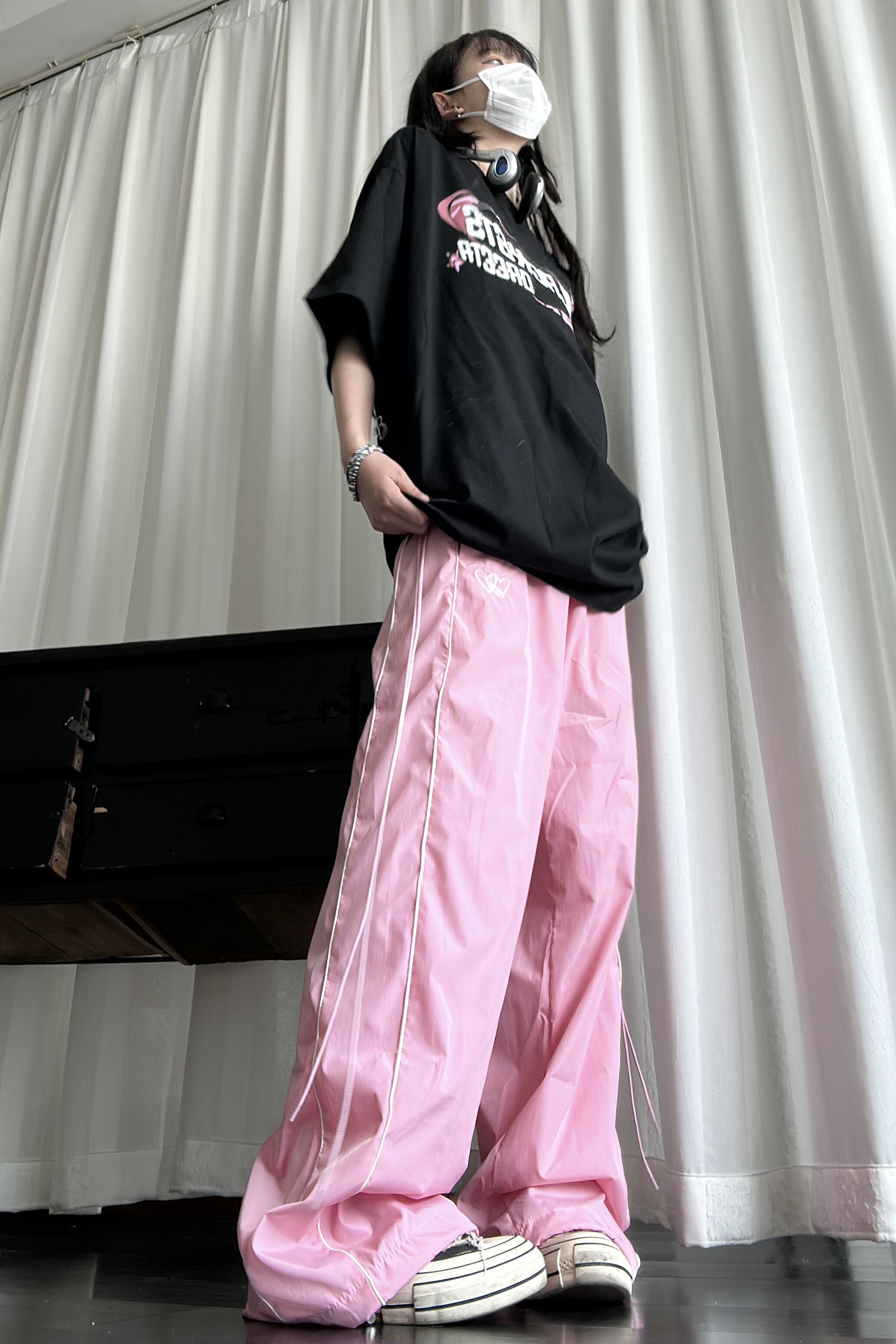 咖喱人美式复古条纹宽松运动长裤男女粉色高街直筒松紧带休闲裤潮