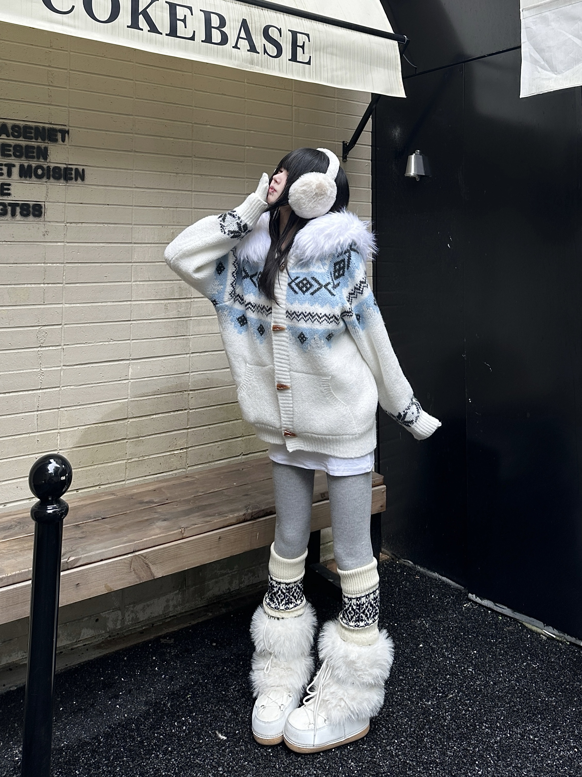 咖喱人费尔岛毛衣男女可拆卸毛领牛角扣连帽秋冬慵懒宽松针织外套