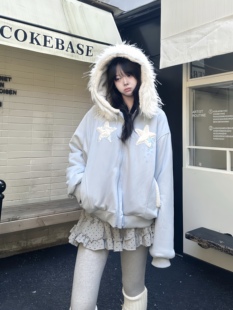 咖喱人原创冬季 星星毛领连帽加厚棉服女甜妹百搭宽松可爱外套潮