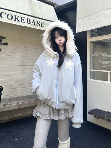 咖喱人原创冬季星星毛领连帽加厚棉服女甜妹百搭宽松可爱外套潮