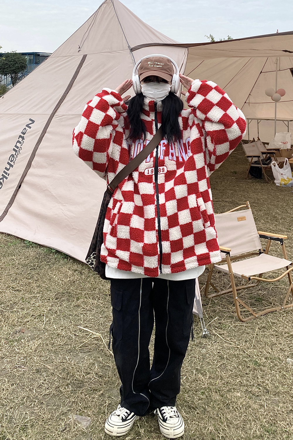 棋盘格羊羔绒宽松夹克上衣外套