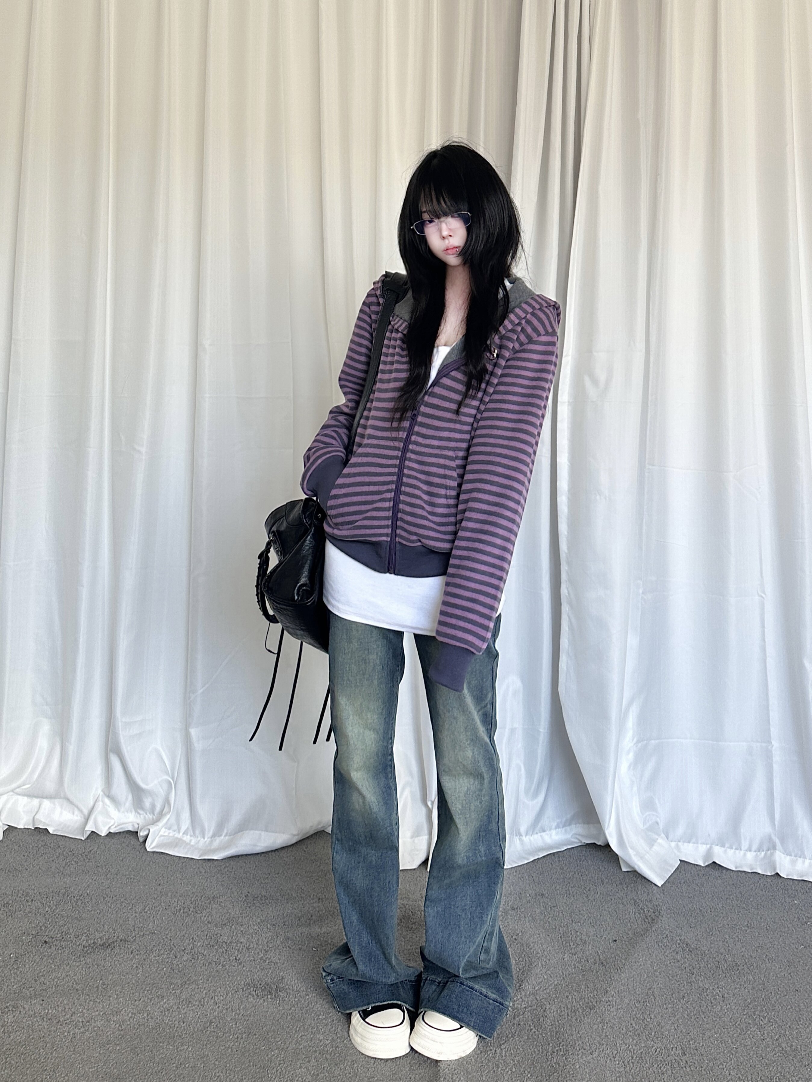 咖喱人古早条纹斜拉链设计感针织连帽卫衣外套女秋季宽松休闲上衣