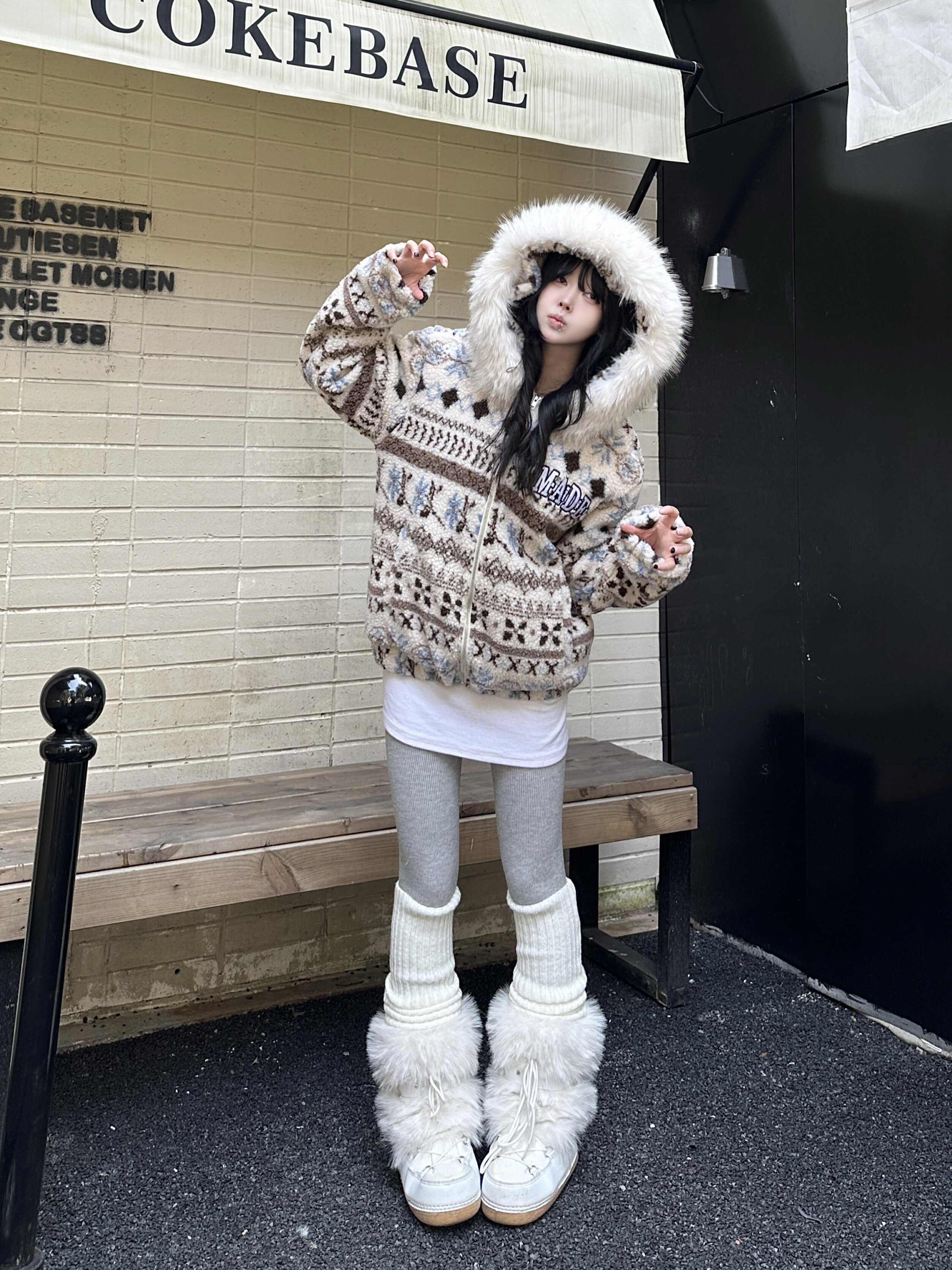 咖喱人费尔岛毛领连帽加绒羊羔绒女2025冬季宽松百搭棉服外套潮