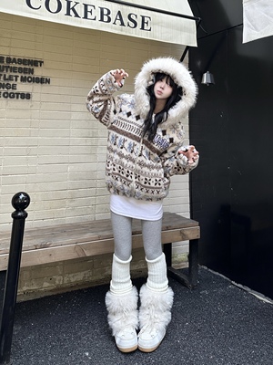 咖喱人费尔岛毛领连帽加绒羊羔绒女2025冬季宽松百搭棉服外套潮