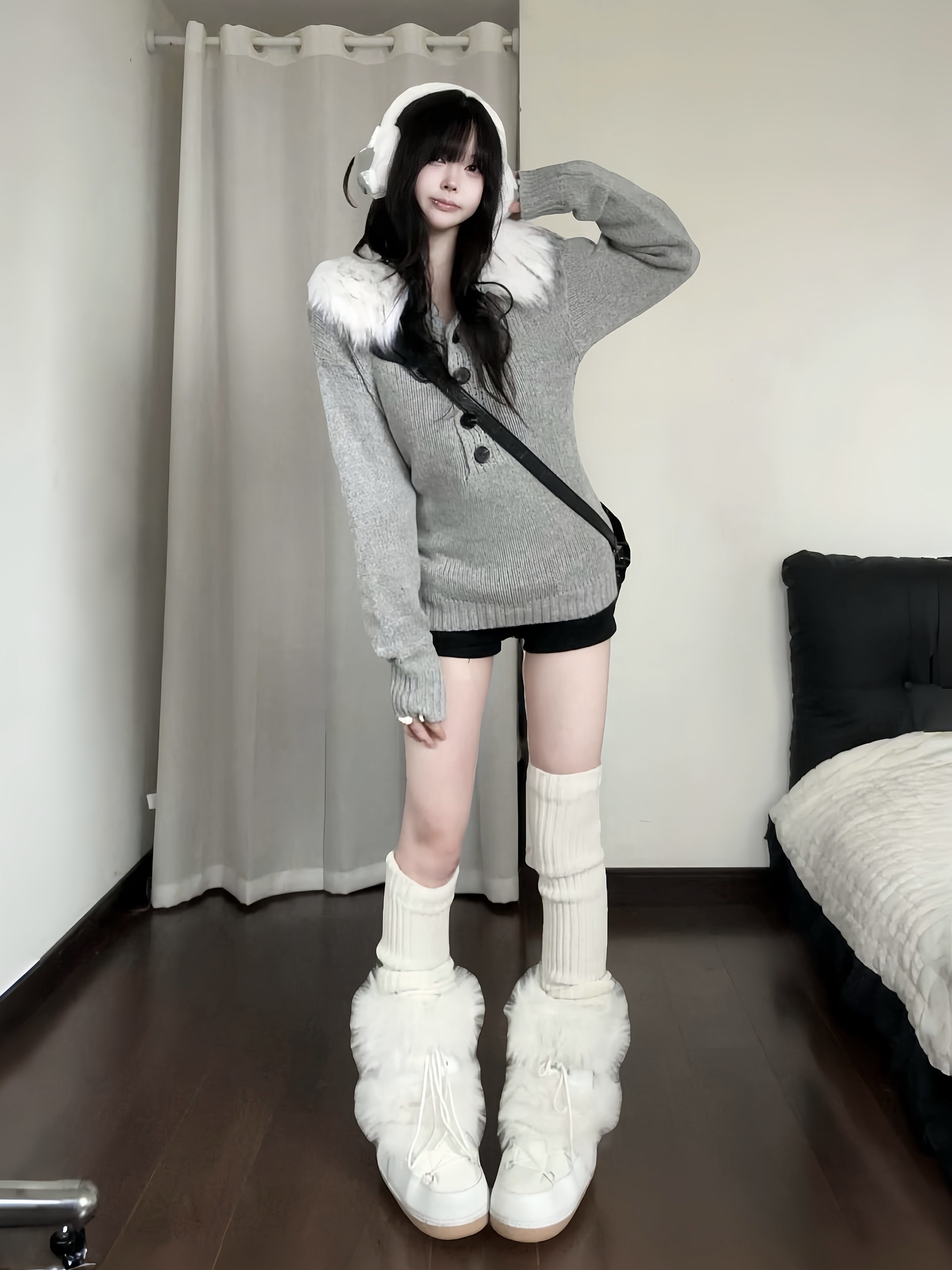 咖喱人早秋新款韩系慵懒风连帽针织毛领女宽松显瘦百搭毛衣上衣