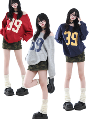 咖喱人美式复古辣妹斜肩长袖卫衣设计感显瘦露肩圆领我运动风女潮