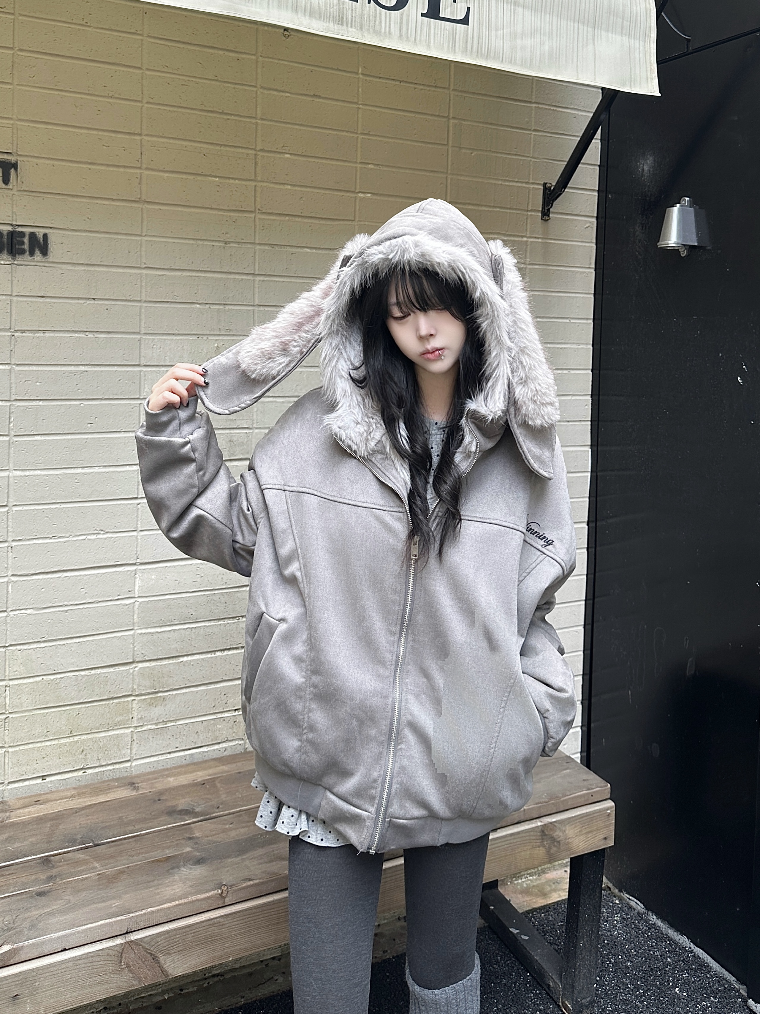 咖喱人美式复古麂皮绒兔耳朵连帽棉服女冬季慵懒宽松外套厚棉服