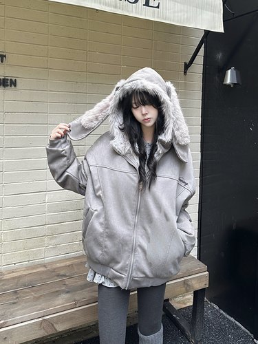 咖喱人美式复古麂皮绒兔耳朵连帽棉服女冬季慵懒宽松外套厚棉服