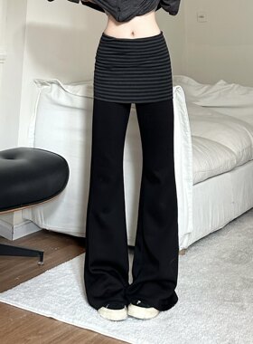 咖喱人早秋休闲高腰微喇裤女显瘦条纹拼接假两件瑜伽长裤子休闲裤