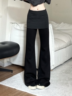 咖喱人早秋休闲高腰微喇裤女显瘦条纹拼接假两件瑜伽长裤子休闲裤