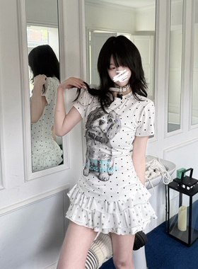 Galiren甜酷可爱波点狗狗印花短袖T恤女夏季修身显瘦亚萌短上衣