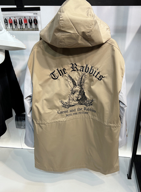 柜1K+！G家男装卡其色中长款连帽风衣兔子刺绣拼色休闲夹克外套男