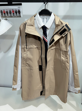 G家男装连帽风衣男士2024秋冬新款潮流卡其色刺绣拼色冲锋衣外套