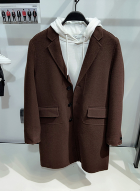 【G】男装棕色双面羊毛呢大衣男字母刺绣翻领毛呢中长款外套6013J