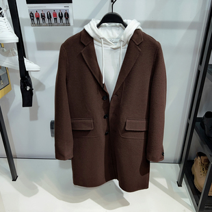 男装 棕色双面羊毛呢大衣男字母刺绣翻领毛呢中长款 外套6013J