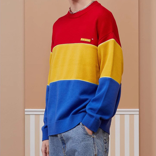 宽松oversize撞色圆领条纹羊毛衫 情侣款 23冬新款 G家男装 商场款