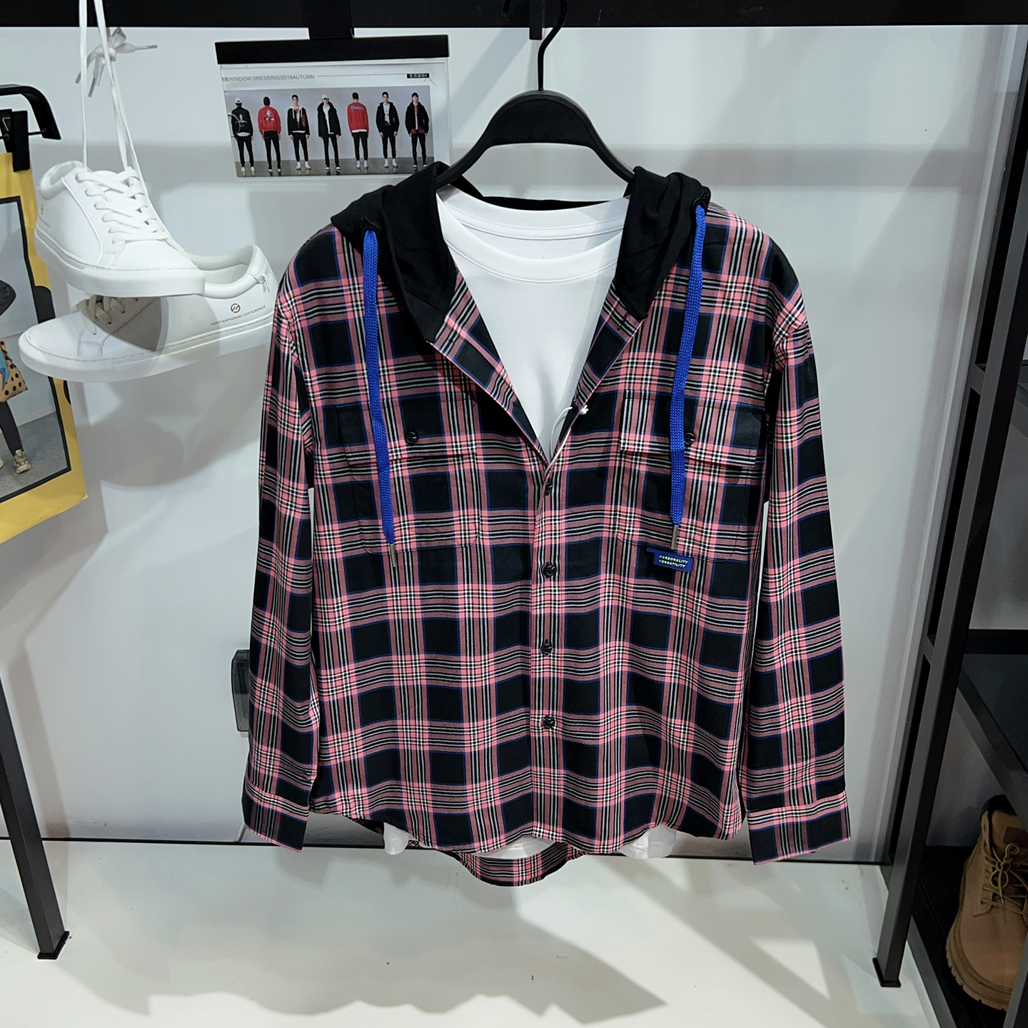 G家男装休闲宽松格纹连帽衬衫潮