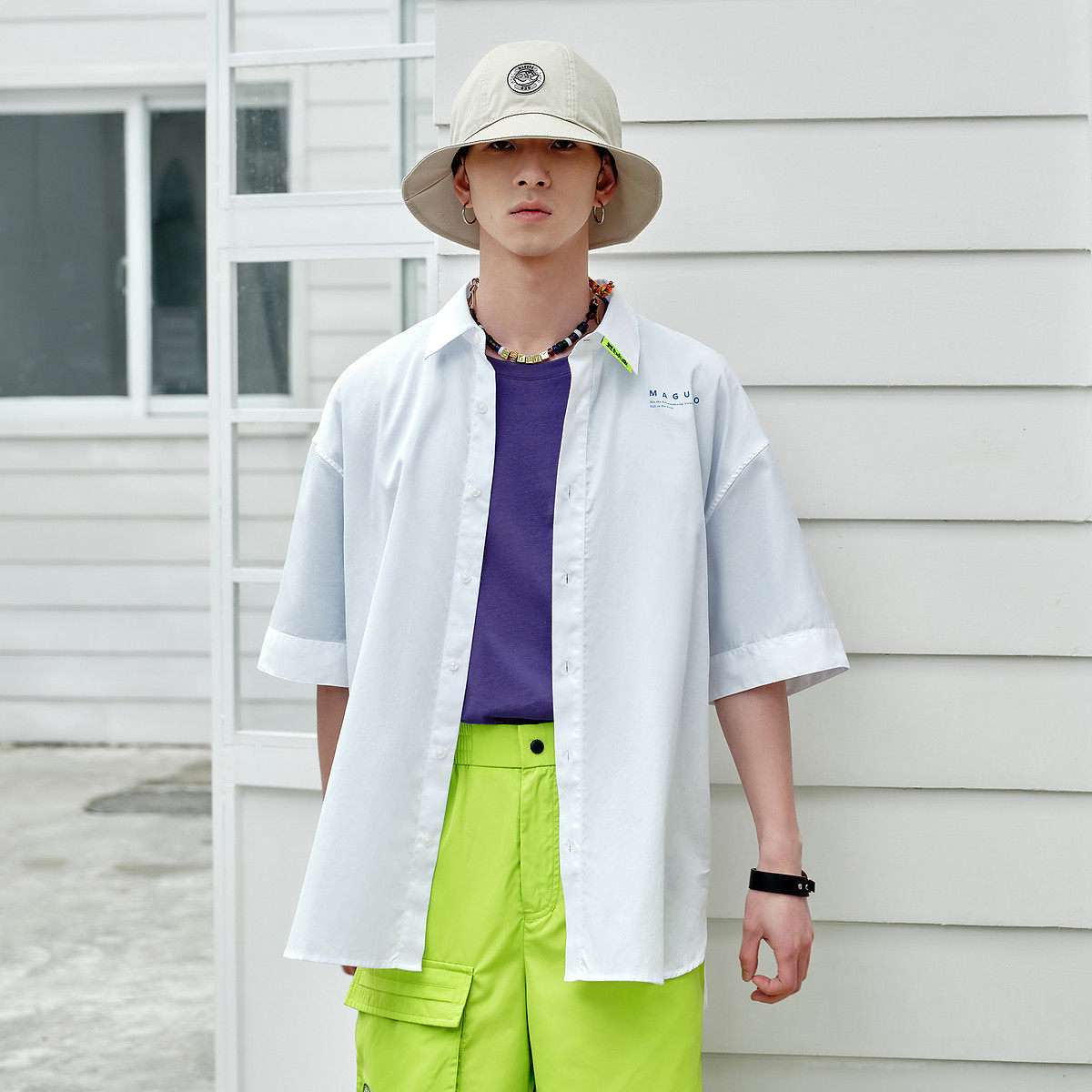 G家男装丝滑百搭白色短袖衬衫潮