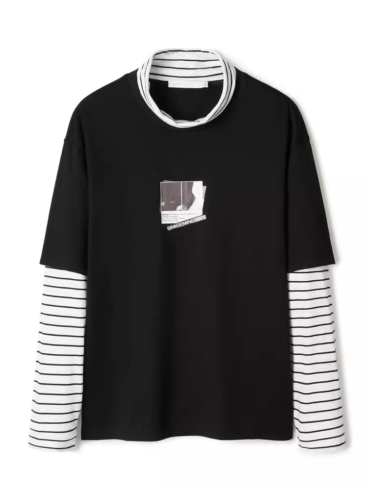 G家男装立领假两件长袖T恤打底衫