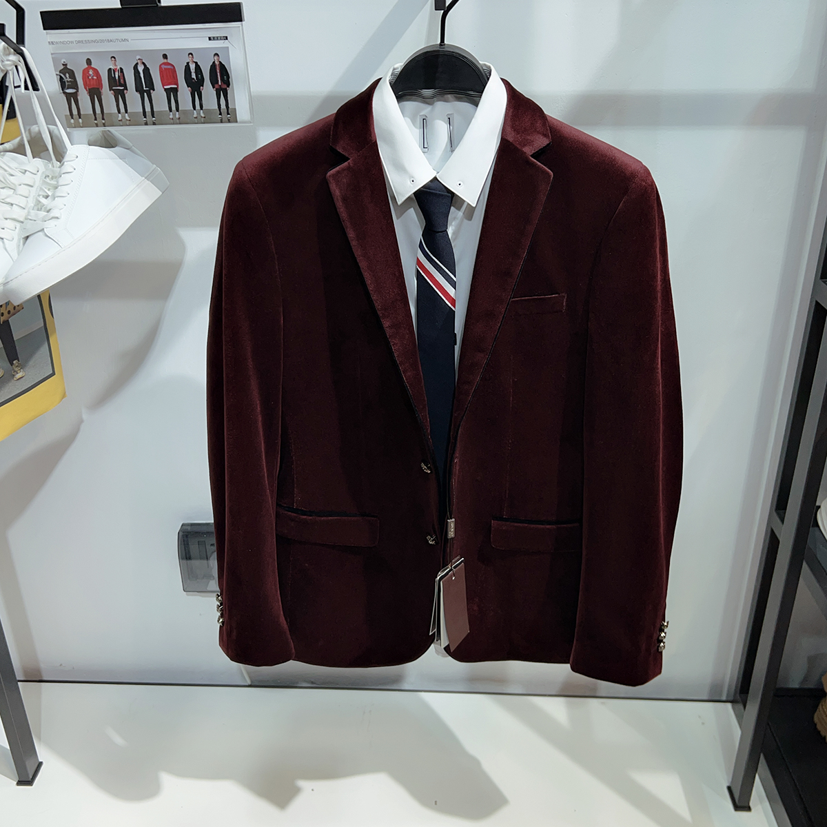 柜1990【商场同款】高档男装酒红色西服男修身丝绒西装外套18-714