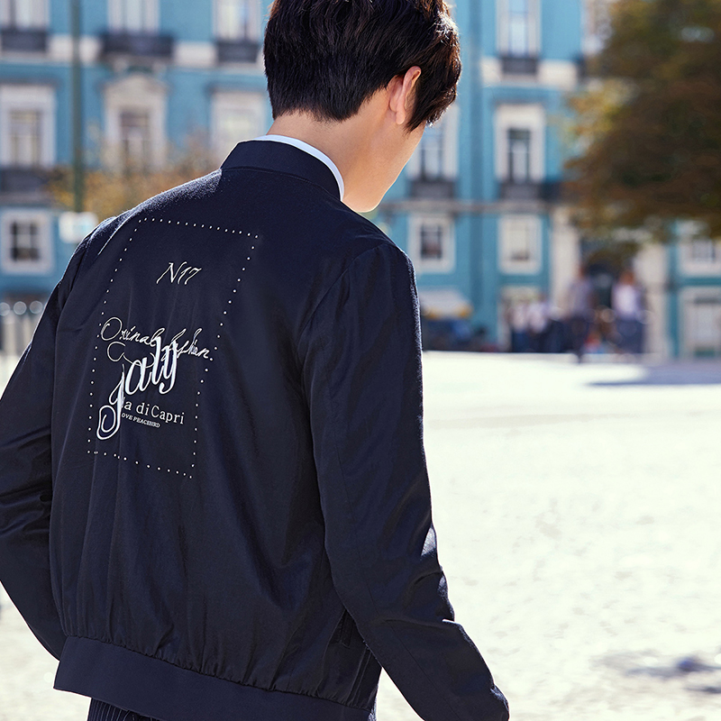 鸟家男装时尚刺绣棒球领修身夹克