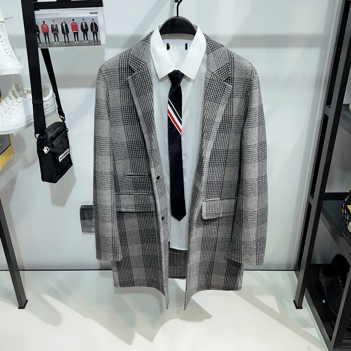 g家男装黑灰格纹大衣男士单排扣双面羊毛呢外套6010j