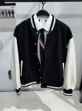 [男女同款]G家男装羊毛呢棒球服夹克男拼皮袖刺绣情侣装外套1002H